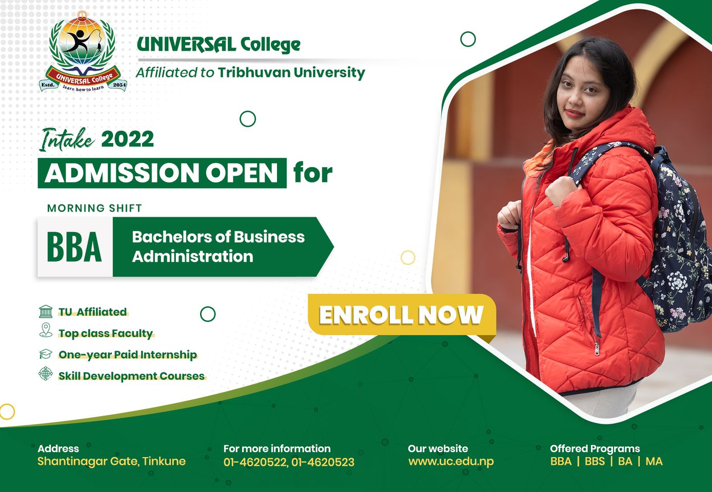 Admission Open for BBA (Morning Shift) at Universal College.